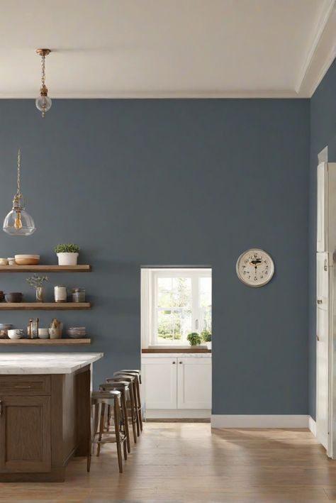 kitchen interior design, kitchen wall paint, kitchen paint colors, kitchen decorating ideas Colored Kitchen Walls, Knoxville Gray, Blue Kitchen Walls, Colored Kitchen, Farmhouse Kitchen Wall Decor, Light Oak Floors, Gray Painted Walls, Kitchen 2024, Sage Green Kitchen