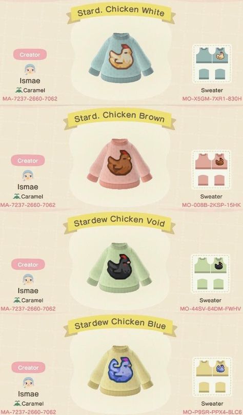 Stardew Valley Chicken, Chicken Sweater, Animal Crossing 3ds, Animal Crossing Funny, Animal Crossing Fan Art, Animal Crossing Memes, Animal Crossing Guide, Animal Crossing Qr Codes Clothes, Animal Crossing Wild World