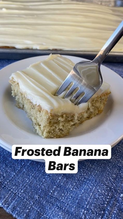 Banana Bars With Cream Cheese Frosting, Harvest Desserts, Frosted Banana Bars, Banana Frosting, Banana Cookie Recipe, Banana Cookie, Bars With Cream Cheese Frosting, Bar Treats, Bars With Cream Cheese