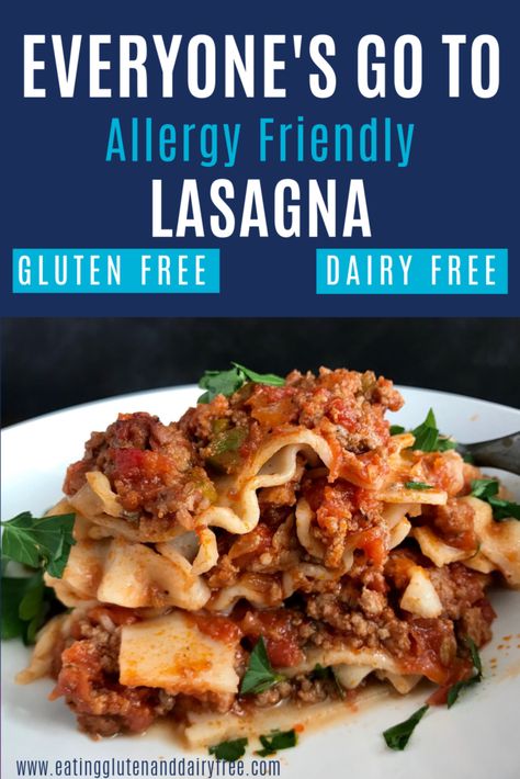 Everyone's Go To Gluten & Dairy Free Lasagna Recipe - Eating Gluten and Dairy Free Dairy Free Lasagna Recipe, Dairy Free Lasagna, Dairy Free Recipes Dinner, Gluten Free Lasagna, Easy Lasagna Recipe, Gluten Dairy Free, Cookies Gluten Free, Soy Free Recipes, Dairy Free Dinner