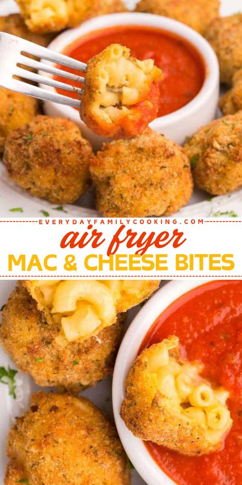 Get ready for these Air Fryer Mac and Cheese Bites! This simple game day recipe is also a perfect addition to your New Year's Eve food ideas. Hot and melty with a golden, crispy interior, these Air Fryer Mac and Cheese Bites are one of the best holiday appetizers! College Meals Air Fryer, Easy Snacks In The Air Fryer, Air Fryer Football Food, Easy Simple Air Fryer Recipes, Mac And Cheese Appetizers For Party, Air Fry Appetizers, Simple Air Fryer Snacks, Airfryer Recipes Snacks, Easy Air Fryer Appetizers