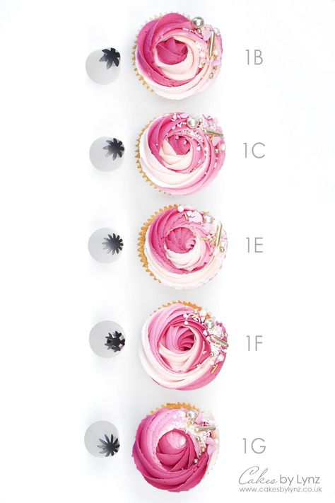 Nozzle Tips Guide, Cupcake Nozzles Icing Tips, Cupcake Decorating Ideas Pastel, 1e Piping Tip, Rosette Piping Tip, Rose Piped Cake, Piping Nozzle Guide, Cake Nozzles Design, Cake Nozzles And Their Designs