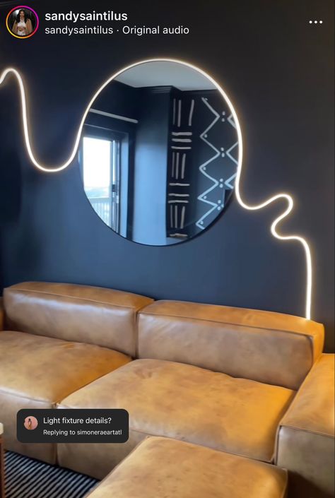 Circle Mirror Ideas For Bedroom, Rope Light Living Room, Rope Lights Living Room, Living Room Neon Sign, Circle Mirrors On Wall Living Room, Circle Mirror With Lights, Lights Around Mirror, Rope Lighting, Lash Room Decor