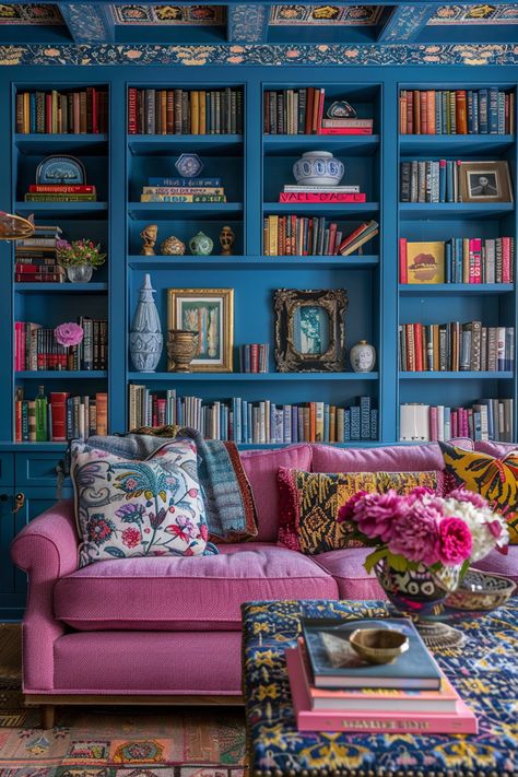 April Midjourney Dump — Living Bright Interiors Colorful Library Room, Gothic Bedroom, Pink Living Room, Colourful Living Room, Up House, Design Your Dream House, Living Room Inspo, Front Room, Dream Home Design