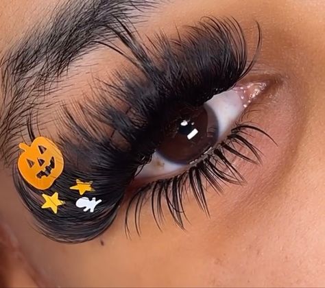 Fall Color Lash Extensions, Creative Lash Extensions, Halloween Lash Extensions Ideas, Sunflower Lash Extensions, Halloween Eyelash Extensions, Halloween Lashes Extensions, Halloween Lash Extensions, Colored Lash Extensions Halloween, Neon Eyelash Extensions