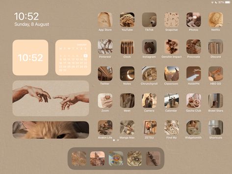 Apps that I used:Widgetsmith (for the widgets),Pinterest (for the photos) and shortcuts (for the icons) Macbook Laptop Homescreen Layout, Brown Ipad Homescreen, Ipad Widget Design, Ipad Organizing, Homescreen Wallpaper Ipad, Aesthetic Ipad Layout, Disney Ipad Wallpaper, Ipad Homescreen Wallpaper, Aesthetic Icons Iphone