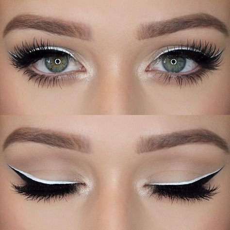 @makeup_char_ Black + White Liner Eyeliner Cat, Black And White Makeup, Eyeshadow For Green Eyes, Eyeliner Designs, Winged Eyeliner Tutorial, Eyeliner For Beginners, White Liner, Simple Eyeliner, House Of Lashes