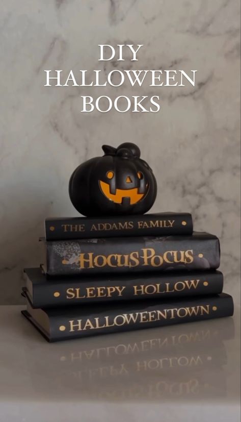 DIY Halloween Books🎃 1. Old Books, Any Size 2. Poster Board 3. Gold Viynl for @cricut or Gold Sticker Letters 4. Pencil, Scissors, and Scotch Tape Halloween Book Art, Fake Books Decor Diy, Halloween Book Decor, Book Page Halloween Decor, Diy Book Decor, Diy Halloween Book Covers, Halloween Stacked Books, Diy Halloween Books, Fake Books Decor