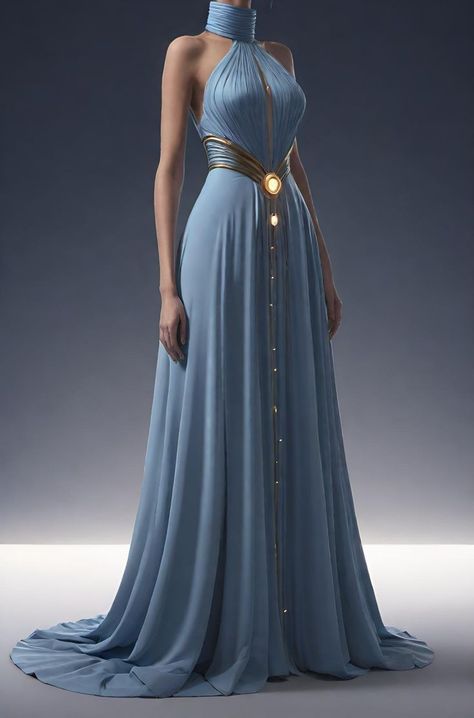 Formal Fantasy Outfits, Summer Court Dress, Asgardian Dress Goddesses, Dorne Dress, Dress With Waist Chain, Daenerys Blue Dress, Blue Medieval Dress, Water Outfit, Sci Fi Dress