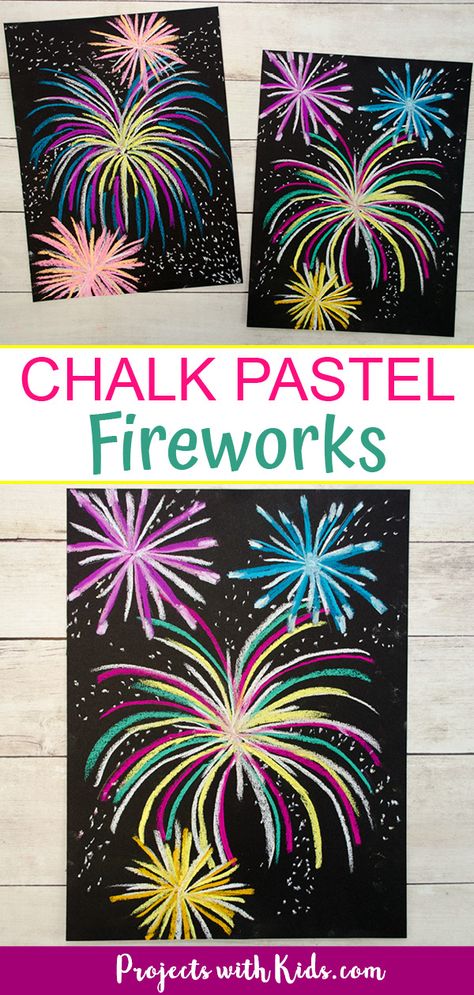 Make this brightly colored chalk pastel fireworks art for a fun and easy art project kids will love! Perfect for New Years, the 4th of July, or Canada Day. #projectswithkids #fireworks #newyearscrafts Pastel Fireworks, Bonfire Night Crafts, Fireworks Craft For Kids, How To Draw Fireworks, Firework Painting, January Art, Fireworks Craft, Fireworks Art, Fireworks Pictures