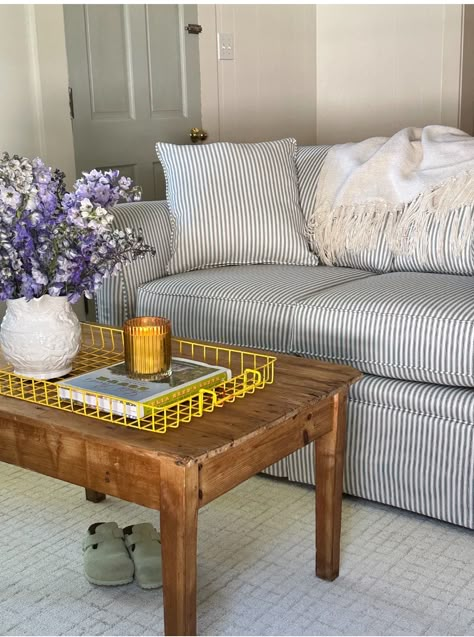 Pinstripe Sofa Living Rooms, Blue Striped Couch Living Room, Striped Couch Living Room Ideas, Striped Couch Living Room, Pinstripe Couch, Blue Striped Couch, Apartment Sitting Room, Pinstripe Sofa, Stripe Couch