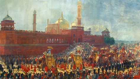 Take a deeper look at 'The State Entry into Delhi' - an iconic painting about the Delhi Durbar (1903) from the Victoria Memorial Hall. Delhi Painting, Delhi Durbar, Mughal Miniature, Lord And Lady, Victoria Memorial, Colonial Art, Shivaji Maharaj, Miniature Paintings, History Of India