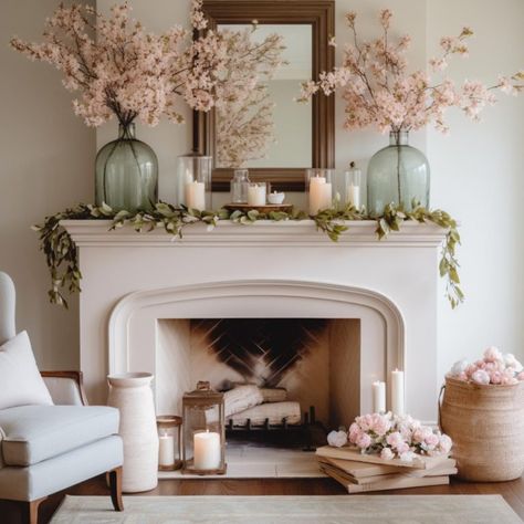 29 Gorgeous Spring Mantel Decorations To Welcome the Season Tv Mantel Decor, Spring Mantle Ideas, Spring Decor Mantle, Spring Mantle Decorating Ideas, Spring Fireplace Mantle Decor, Easter Living Room Decor, Cottage Mantle, Mantles Decor, Decorative Mantle