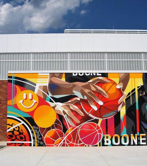 Basketball Abstract Art, Kobe Mural, Elementary School Murals, Basketball Mural, Mural School, Sports Mural, Bathroom Mural, Exterior Signage, School Murals