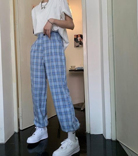 Checkered Pants Outfit, Blue Pants Outfit, Plaid Pants Women, Denim Button Skirt, Blue Grid, School Uniform Outfits, Check Pants, Slacks Pants, Checkered Pants