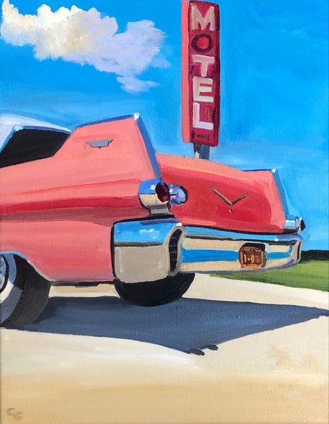 50s Painting Vintage, 50s Painting Ideas, Retro Car Painting, Aesthetic Car Painting, Retro Cars Drawing, Car Drawing Watercolor, Vintage Car Painting Canvas, Car Painting Watercolor, Retro Things To Paint