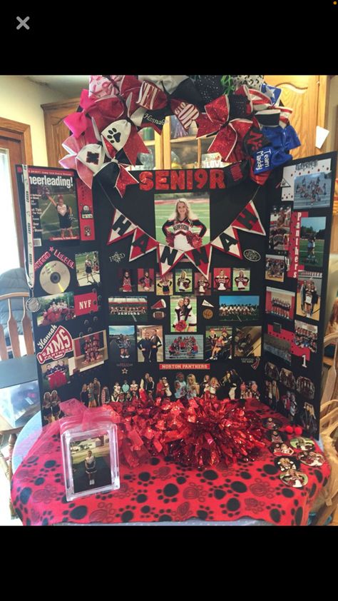 Poster Board Lights, Senior Boards For Cheerleading, Cheerleader Board Ideas, Decorated Poster Board Ideas, Sports Table Grad Party, Senior Night Softball Poster Board Ideas, Cheerleader Poster Board Ideas, Softball Senior Board Ideas, Senior Picture Boards Photo Displays Sports