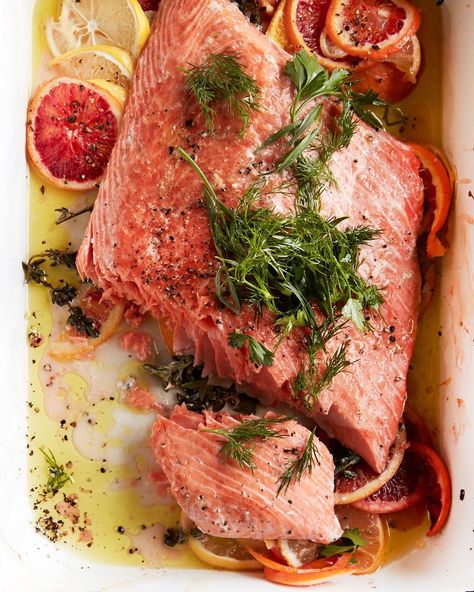 NYT Cooking on Instagram: “@alisoneroman's very low-maintainance Slow-Roasted Citrus Salmon With Herb Salad cooks for 30-ish minutes at only 300 degrees, with lots…” Citrus Salmon, Shabbat Recipes, Mediterranean Life, Simple Foods, Cook Salmon, Roast Fish, Recipes Fish, Yummy Bites, Food Seafood