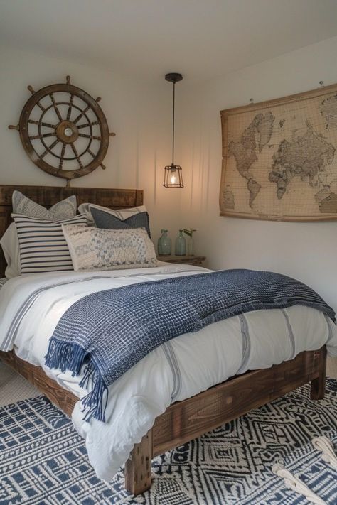 29 Boho Coastal Bedroom Ideas for a Breezy, Beachy Haven 8 Nautical Guest Room, Sailing Bedroom, Lake Bedroom Ideas, Lake House Bedroom Ideas, Boho Coastal Bedroom, Styling Bedroom, Beach Cottage Bedroom, Lakehouse Bedroom, Coastal Bedroom Ideas