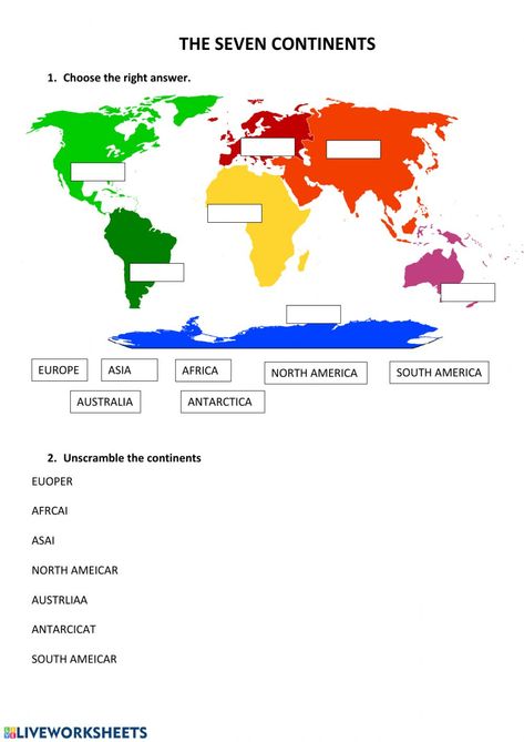 Continent Worksheets For Kids, 7 Continents Activities Free Printable, 7 Continents Worksheet, Continent Worksheet, Oceans Worksheet, Continents Activities, World Map Continents, Word Puzzles For Kids, Montessori Geography