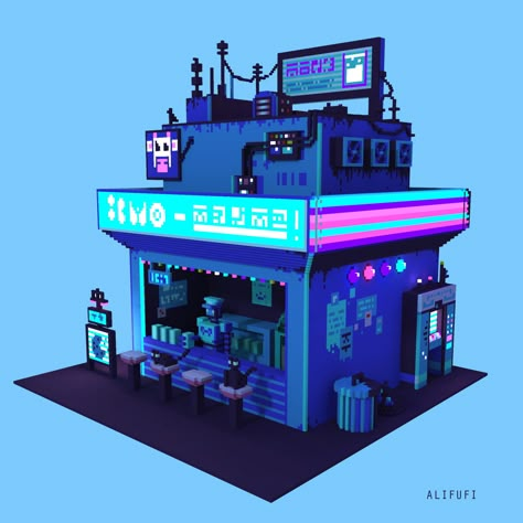 Minecraft Cyberpunk House, Voxel Building, Cyberpunk Diorama, Minecraft Cyberpunk, Cyberpunk House, Isometric Perspective, Cyberpunk Building, Blender Animation, Idle Game