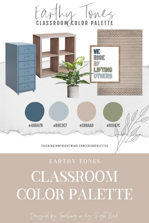 Neutral classroom color palette that elicits calm and relaxing vibes. Ditch your classroom theme and adopt a classroom color scheme for a more cohesive and inclusive environment. Follow this board for a curated selection of items that match the Earthy Tones palette. Neutral Classroom Calendar, Neutral Color Preschool Classroom, Earthy Tone Classroom, Muted Color Classroom Decor, Calming Colors For Classroom, Calm Kindergarten Classroom Decor, Color Schemes For Classroom, Earth Tone Classroom Theme, Color Theme Classroom Ideas