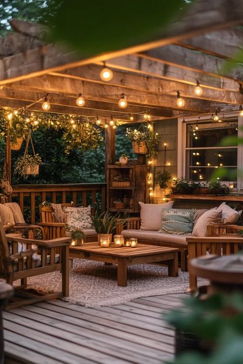 "Elevate your backyard with the charm of a Rustic Outdoor Patio! 🌿🏡 Perfect for creating a relaxing and stylish space to entertain or unwind. 🌟✨ #PatioDesign #RusticLiving #OutdoorInspiration" Rustic Outdoor Living Space, Country House Patio, Rustic Patio Ideas, Farmhouse Patio Ideas, Farmhouse Outdoor Patio, Rustic Outdoor Patio, Ranch Patio, Rustic Hunting Lodge, Townhouse Patio