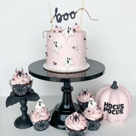 pink halloween cake, pink halloween cupcakes Barbie Halloween Cake, Pink Ghost Birthday Cake, Pink Halloween Cupcakes, Pink Halloween Birthday Cake, Pink Ghost Cake, Fourever Spooky, Ghosts Crafts, Pink Halloween Cake, Groovy Goodies