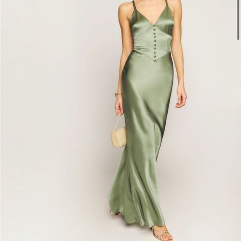 Reformation Esa Silk Dress In Artichoke (Pretty Sage Green Color) - Bought For An Event But Went With Something Else! Olive Green Wedding Guest Dress, Green Dinner, Devon Wedding, Bm Dresses, Neck Corset, Charmeuse Fabric, Wedding Green, Perfect Bridesmaid Dress, Wedding Apparel