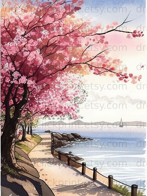 This downloadable digital artwork is a breathtaking depiction of a serene Japanese cherry blossom landscape scene, rendered in a stunning watercolor style. The scene depicts a picturesque landscape filled with delicate cherry blossom trees in full bloom, their petals gently fluttering in the soft breeze. The artwork captures the ethereal beauty of the cherry blossom season in Japan, with vibrant pinks and soft pastels blending together to create a dreamy and peaceful ambiance. The watercolor tec Cherry Blossom Scenery Drawing, Cherry Blossom Landscape, Cherry Blossom Tree Painting, Printable Landscape Art, Picturesque Landscape, Blossom Painting, Painting Gifts, Cherry Blossom Painting, Cherry Blossom Trees