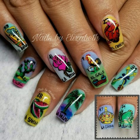 #freehand #drawn #nails #loteria please follow nails by Elizabeth on FB for more nail art Mexican Nails, Turkey Nails, Stilleto Nails Designs, Crazy Nail Art, Classic Nails, Crazy Nails, Glam Nails, Fabulous Nails, Dream Nails