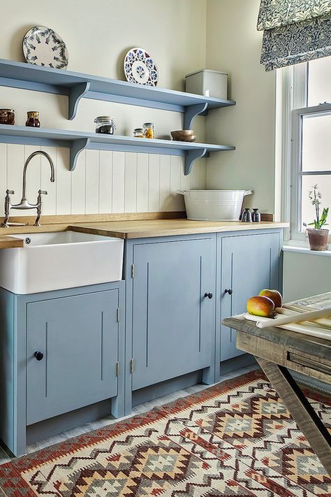 Plain English Kitchen, Newspaper Magazine, Blue Kitchen Cabinets, Digital Newspaper, Blue Kitchen, Simple Kitchen, Wood Countertops, Blue Kitchens, Trendy Kitchen