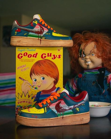 Chucky Good Guy Air Force 1 Custom Check more at https://danielcustoms.com/product/chucky-good-guy-air-force-1-custom/ Tiffany Bride Of Chucky, Tiffany Bride, Good Guy Doll, Childs Play Chucky, Chucky Doll, Air Force 1 Custom, Custom Air Force 1, Hand Painted Shoes, Horror Movie Characters