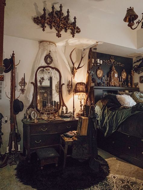 whimsigothic home bedroom, goth boho decor, forest bedroom aesthetic, witchcore bedroom, whimsical interior design, fantasy furniture Romantic Gothic Home Decor, Bedroom Transitional, Gothic Decor Bedroom, Goth Bedroom, Gothic Room, Gothic Interior, Gothic Bedroom, Victorian Bedroom, Dark Home Decor