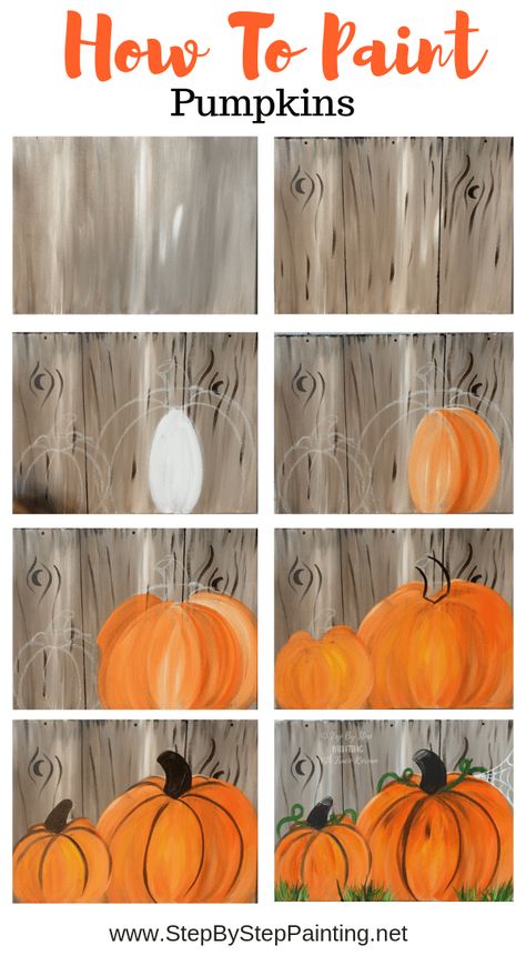 How To Paint Pumpkins On Canvas - Step By Step Painting How To Paint Pumpkins, Ako Kresliť, Paint Pumpkins, Fall Canvas Painting, Fall Canvas, Soyut Sanat Tabloları, Art And Painting, Halloween Painting, Fall Crafts Diy