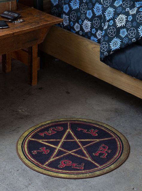 Supernatural Poster, Devils Trap, Supernatural Shirt, Supernatural Merchandise, Dark Grey Walls, Lamb Decorations, Supernatural Fans, Round Door, Flat Shapes