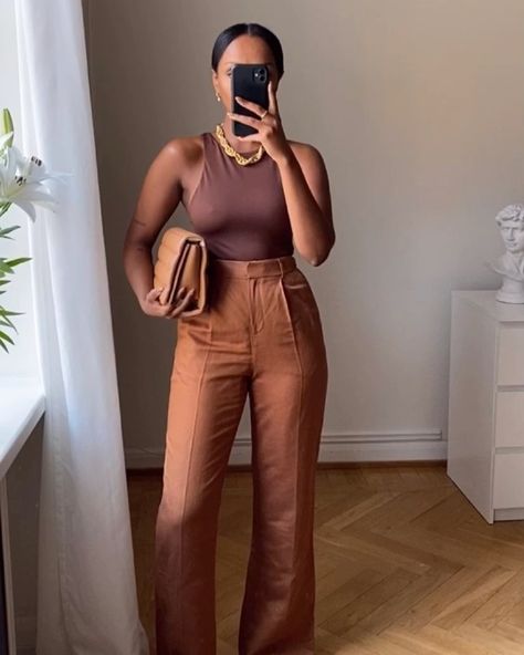 Body Suit Outfits Office, Bodysuit Professional Outfit, Neutral Outfit Black Women, Brown And White Outfit Black Women, Brown Clothes On Black Women, Outfits With Bodysuits Black Women, Black Women In Brown Outfits, Black White And Brown Outfits, Nude Clothes Aesthetic