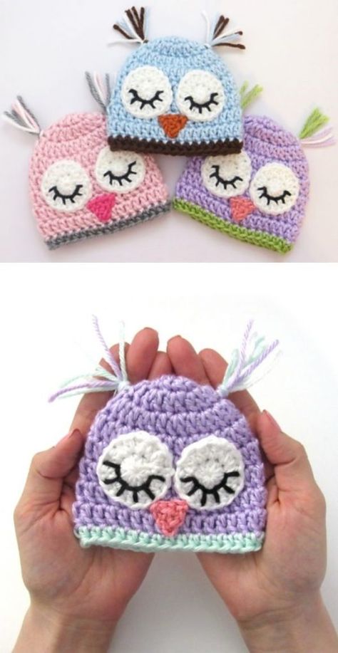 Crochet Newborn Owl Hat, Crochet Owl Hat Free Pattern Baby, Crochet Baby Owl Hat, Premature Baby Hat Crochet Pattern, Crochet Hat Owl, Owl Beanie Crochet Free Pattern, Crochet Owl Beanie, Free Patterns For Baby Hats, Free Baby Crochet Hat Patterns