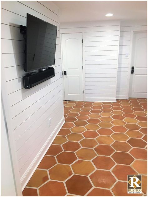 Hexagon Saltillo Tile, Mexican Tile Bathroom, Spanish Apartment, Hexagon Tile Bathroom, Shed Tiny Home, Saltillo Tile, Laundry Room Renovation, Mexican Tile, Brick Flooring