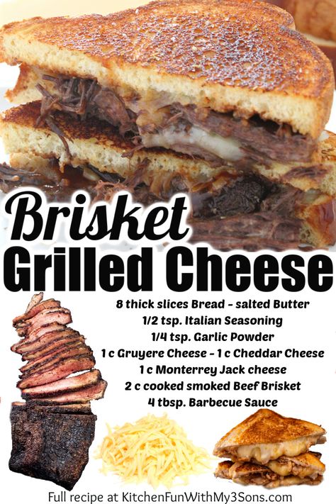 Brisket Grilled Cheese Sandwich is a quick and easy dinner recipe. With three cheeses, BBQ sauce and beef brisket, this is a total winner. #food #recipe #bbq #grilledcheese #dinner Brisket Sandwiches Ideas, Brisket Grilled Cheese, Brisket Ideas, Brisket Sandwich Recipe, Brisket Grilled, Bbq Leftovers, Brisket Sandwiches, Good Sandwiches, Beef Brisket Sandwich