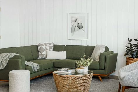 Timber Corner Sectional Green Corner, Mid Century Modern Sectional Sofa, Mid Century Modern Sectional, Article Furniture, Modern Sofa Couch, Oak Trim, Corner Sectional Sofa, Contemporary Mid Century, Contemporary Mid Century Modern