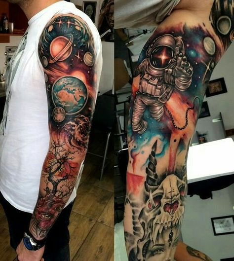 Sleeve Tattoo Men, Space Sleeve, Galaxy Tattoo Sleeve, Outer Space Tattoos, Space Tattoo Sleeve, Planet Tattoo, Cosmic Tattoo, Solar System Tattoo, Space Tattoos