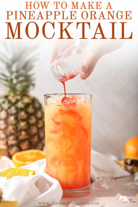 This easy mocktail is a nonalcoholic twist on a Tequila Sunrise. Made with orange and pineapple juices, the Sweet Sunrise omits tequila and adds a dash of orange bitters. This pineapple and orange drink is perfect for entertaining or sipping anytime! #EasyEntertaining #SpeckledPalate Mocktail Pineapple, Sunrise Mocktail, Drink Mocktail, Orange Mocktail, Tequila Sunrise Cocktail, Pineapple Drink, Disney Dishes, Mocktail Drinks, Orange Drink