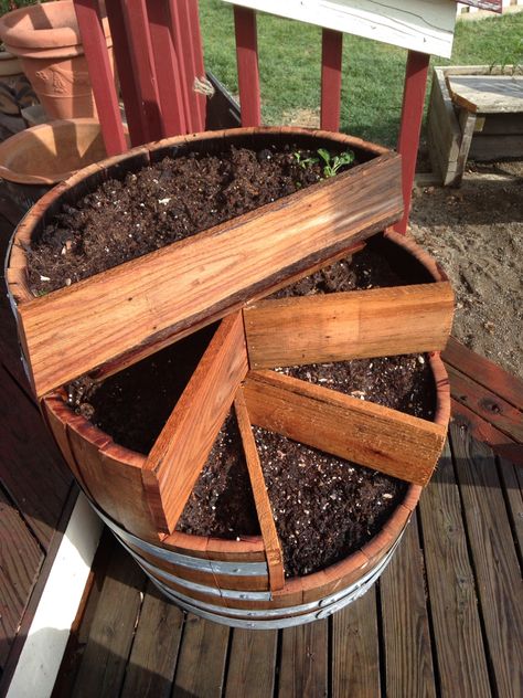 Barrel Garden Planters, Wine Barrel Garden, Wine Barrel Art, Patio Flower Pots, Wine Barrel Crafts, Wine Barrel Decor, Wine Barrel Planter, Barrel Ideas, Whiskey Barrel Furniture