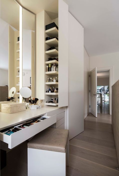 Make Up Area, Apartemen Studio, Dressing Table With Drawers, Home Decor Shelves, Dressing Table Design, Wardrobe Interior Design, Wardrobe Room, Small Closets, Bedroom Closet Design