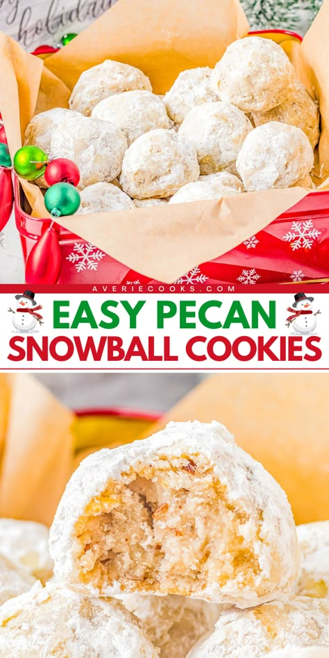 This Christmas dessert idea is a classic! It's a holiday baking recipe for the BEST pecan snowball cookies. Not only are these easy Christmas cookies super buttery with a lightly crunchy interior, but they also have a snowy look! Pecan Snowball Cookies Christmas, Easy Snowball Cookies Recipe, Pecan Snowball Cookies Recipes, Christmas Cookie Plates, Betty Crocker Sugar Cookie Mix, Festive Christmas Cookies, Pecan Snowballs, Pecan Snowball Cookies, Holiday Food Crafts