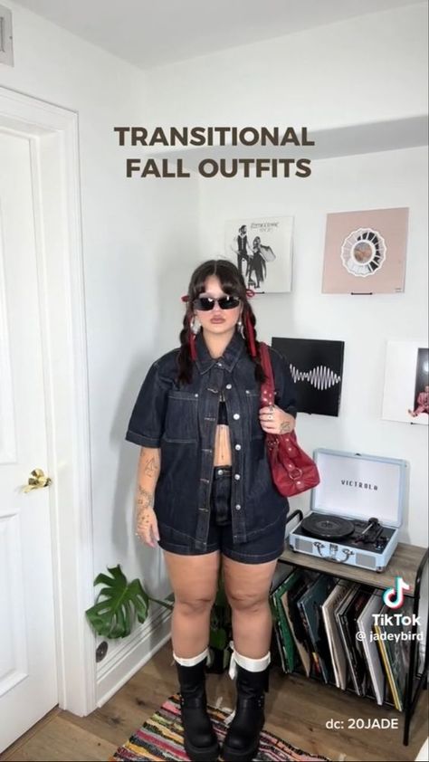 Post Romance Outfit, Plus Festival Outfit, Bratz Outfits Plus Size, Plus Size Aesthetic Outfits Edgy, Plus Size Rockstar Outfit, Midsize Clubbing Outfits, Plus Size Jorts Outfit Idea, Concert Outfit For Plus Size, Big Calves Women Fashion