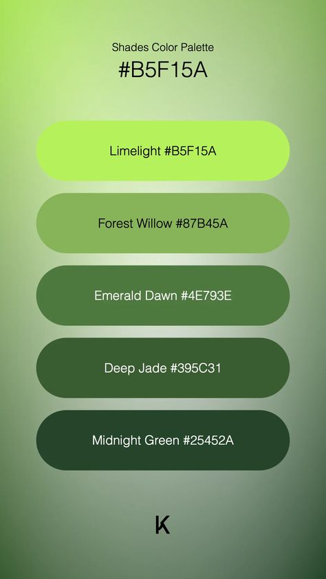 Shades Color Palette Limelight #B5F15A · Forest Willow #87B45A · Emerald Dawn #4E793E · Deep Jade #395C31 · Midnight Green #25452A Color Jade, Midnight Green, Hex Color Palette, Dark Mode, Hex Colors, Vibrant Green, Spring Green, Unique Colors, Light Green