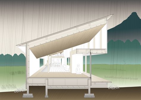 Shed Roof House,Section Detail Shed Roof Architecture, Japan Architecture House, Fuji House, Shed Roof House, Shed Roof Design, Roof Skylight, Sloping Roof, Roof Edge, Tourist Center