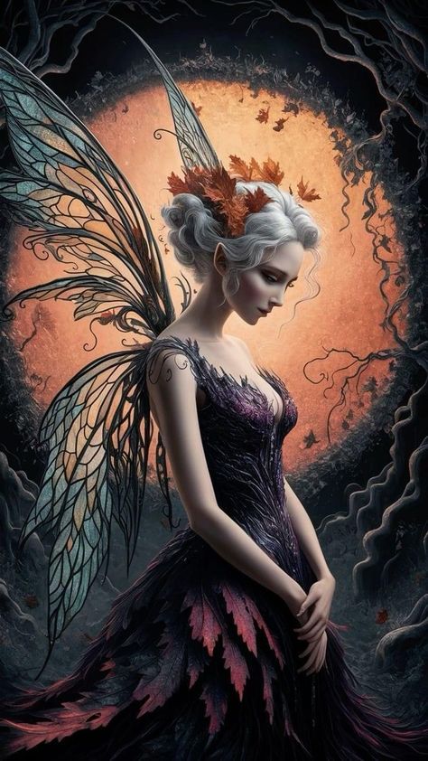 Dark Fantasy Painting, Gothic Autumn, Faery Art, Orange Circle, Fairies Photos, Fairy Wallpaper, Dark Wings, Autumn Fairy, Christmas Artwork